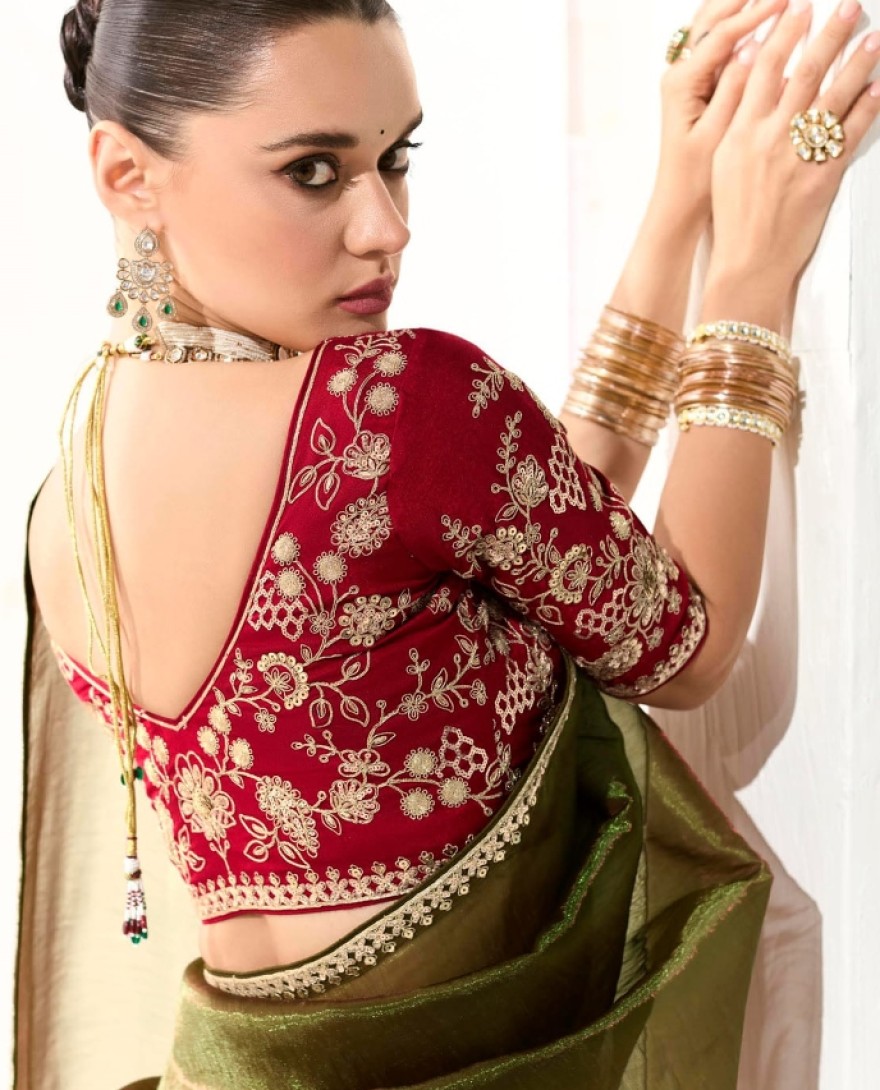 2219 - Incredible Olive Green Sequins Tissue Silk Saree With Maroon Blouse